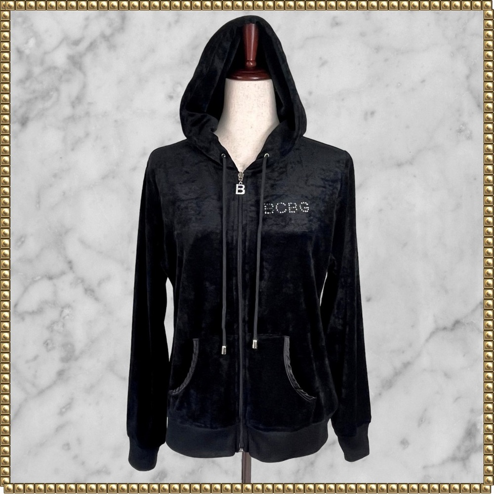 BCBGMaxazria Black Velour Long Sleeve Zip Front Track Jacket Hoodie Size XL